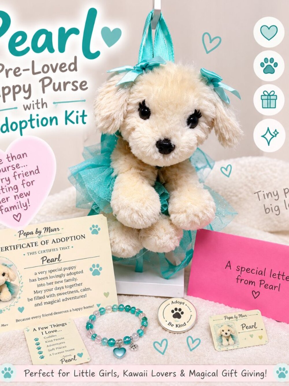 Pearl Pre-Loved Puppy Purse with Adoption Kit | Kawaii Gift Set
